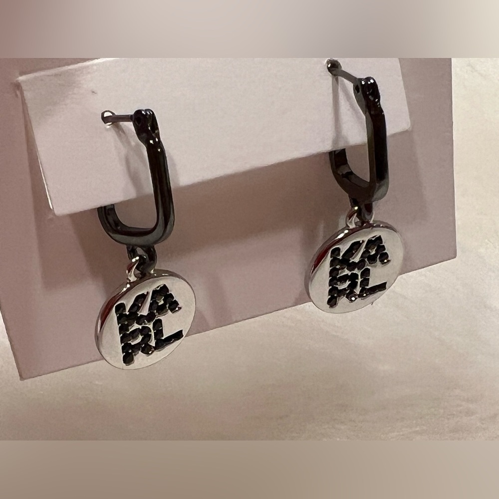 New! KARL LAGERFELD PARIS Disc/Coin Charm Hoop Drop Earrings Logo Black Sapphire